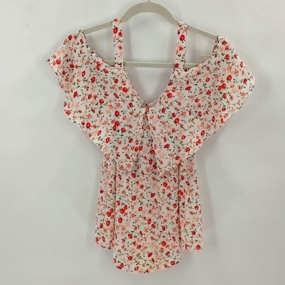 7th Avenue by NY & Co blouse XS floral open shoulder pink white top flowy